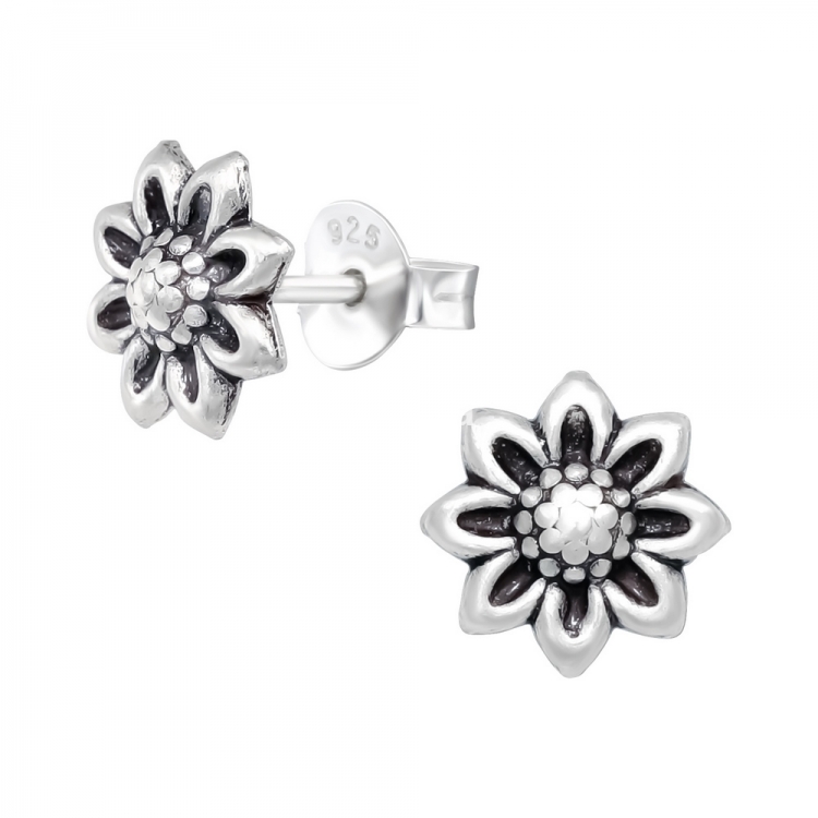 Flower earrings, antique 925 silver, 8x8mm