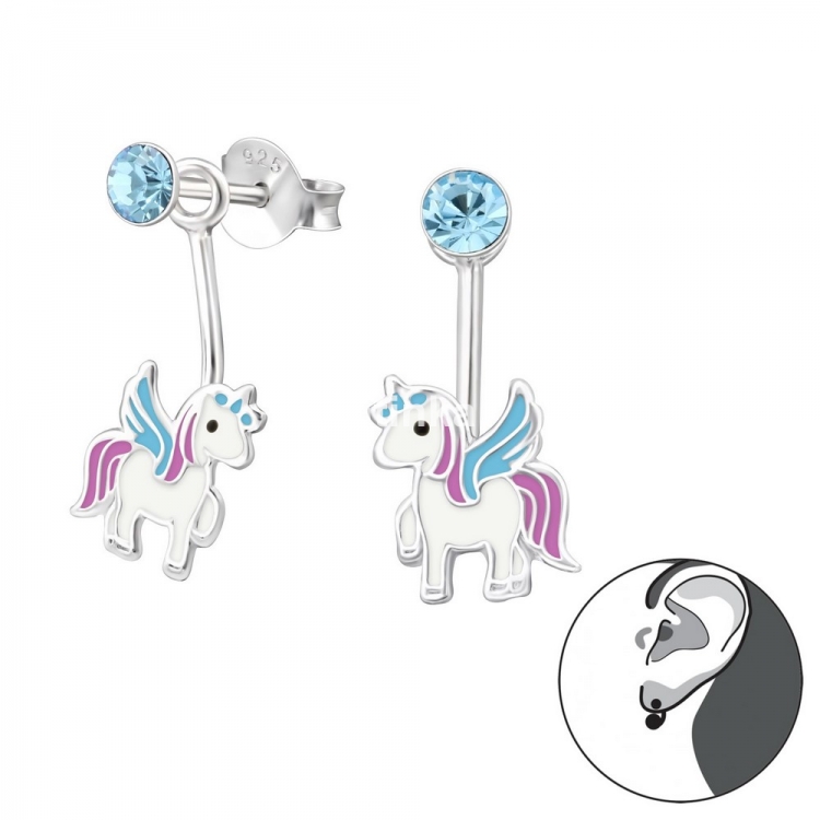 Cercei pentru copii unicorn roz-turcoaz, argint 925, 7x15mm