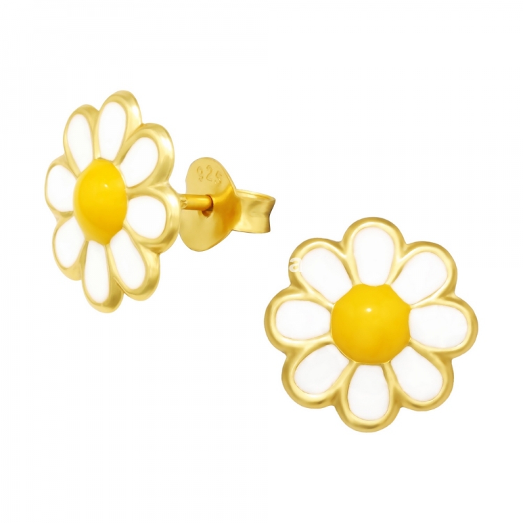 Cercei pentru copii floare musetel, argint 925 placat cu aur, 10x10mm