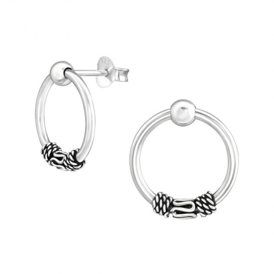 Bali ear hoops earrings, 925 silver, 14x1.4mm