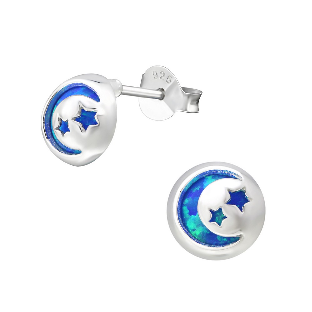 Cercei pentru copii Luna si stele opal laguna blue, argint 925