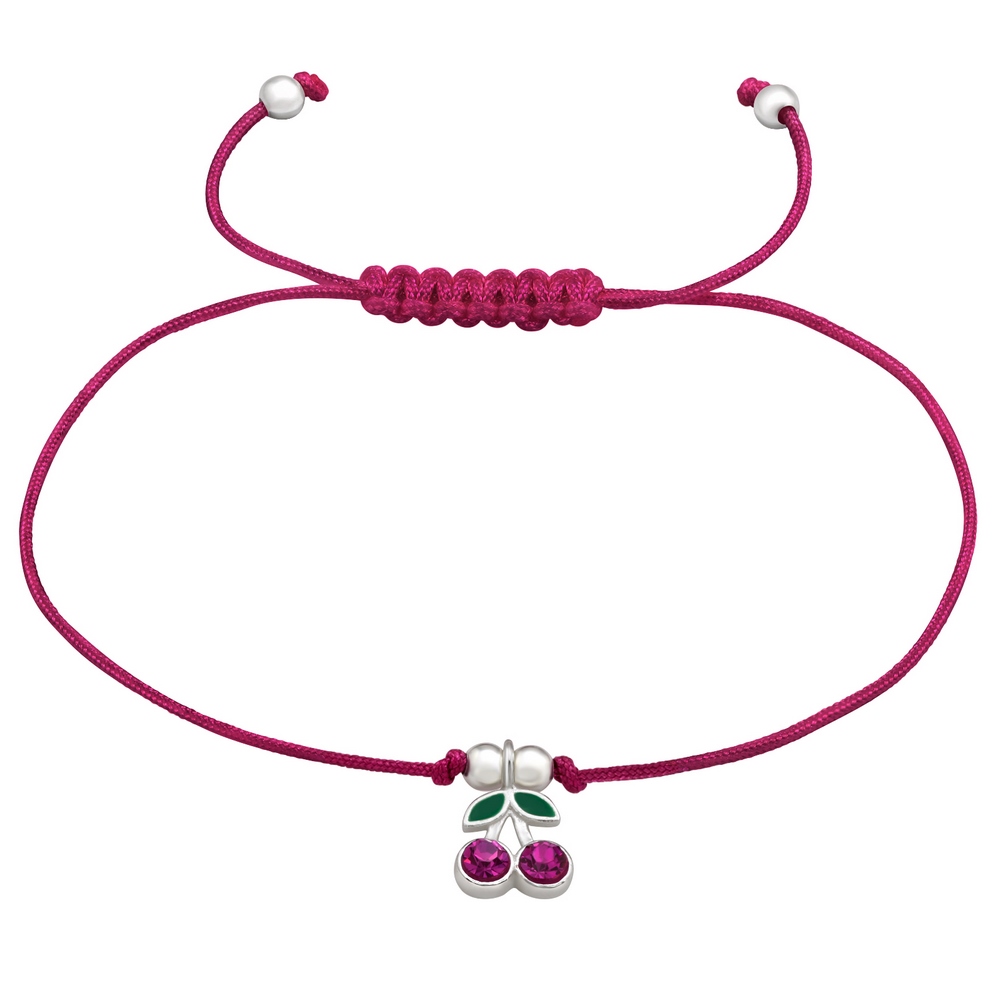 Adjustable bracelet with fuchsia cherry charm, silver 925, 11x7mm