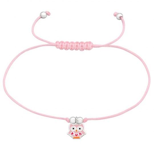 Adjustable bracelet with pink owl charm, silver 925, 10x8mm