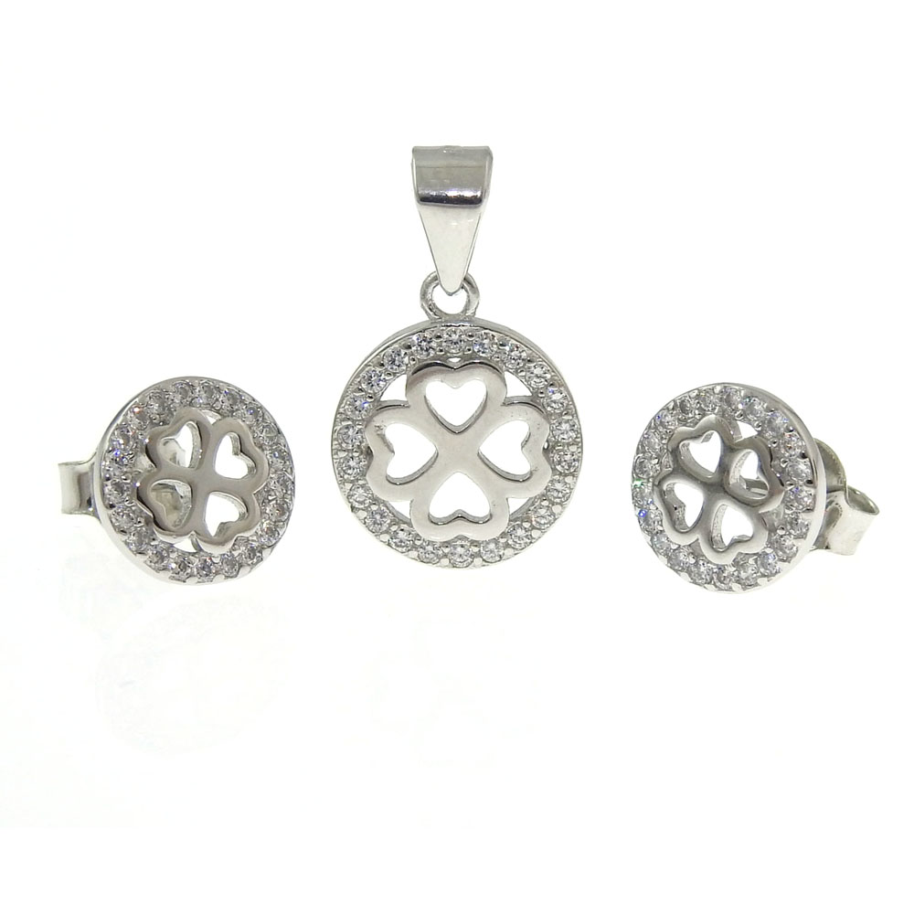 Set with clover, pendant and earrings with rhodium-plated silver 925 crystals