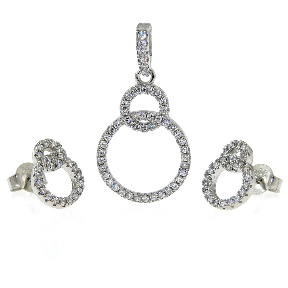 Set of circles, pendant and earrings with rhodium-plated silver 925 crystals