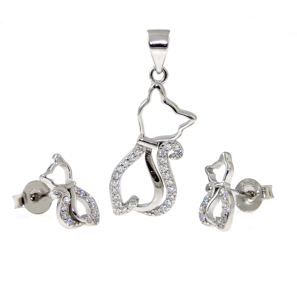 Set of kittens, pendant and earrings with rhodium-plated silver 925 crystals