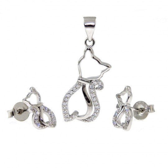 Set of kittens, pendant and earrings with rhodium-plated silver 925 crystals