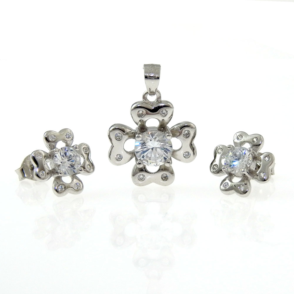 Set with clover, pendant and earrings with rhodium-plated silver 925 crystals