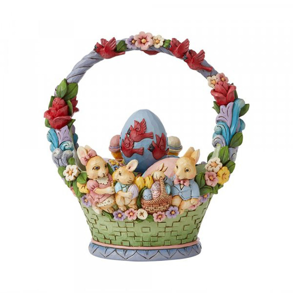 Spring basket with eggs, chickens and bunnies