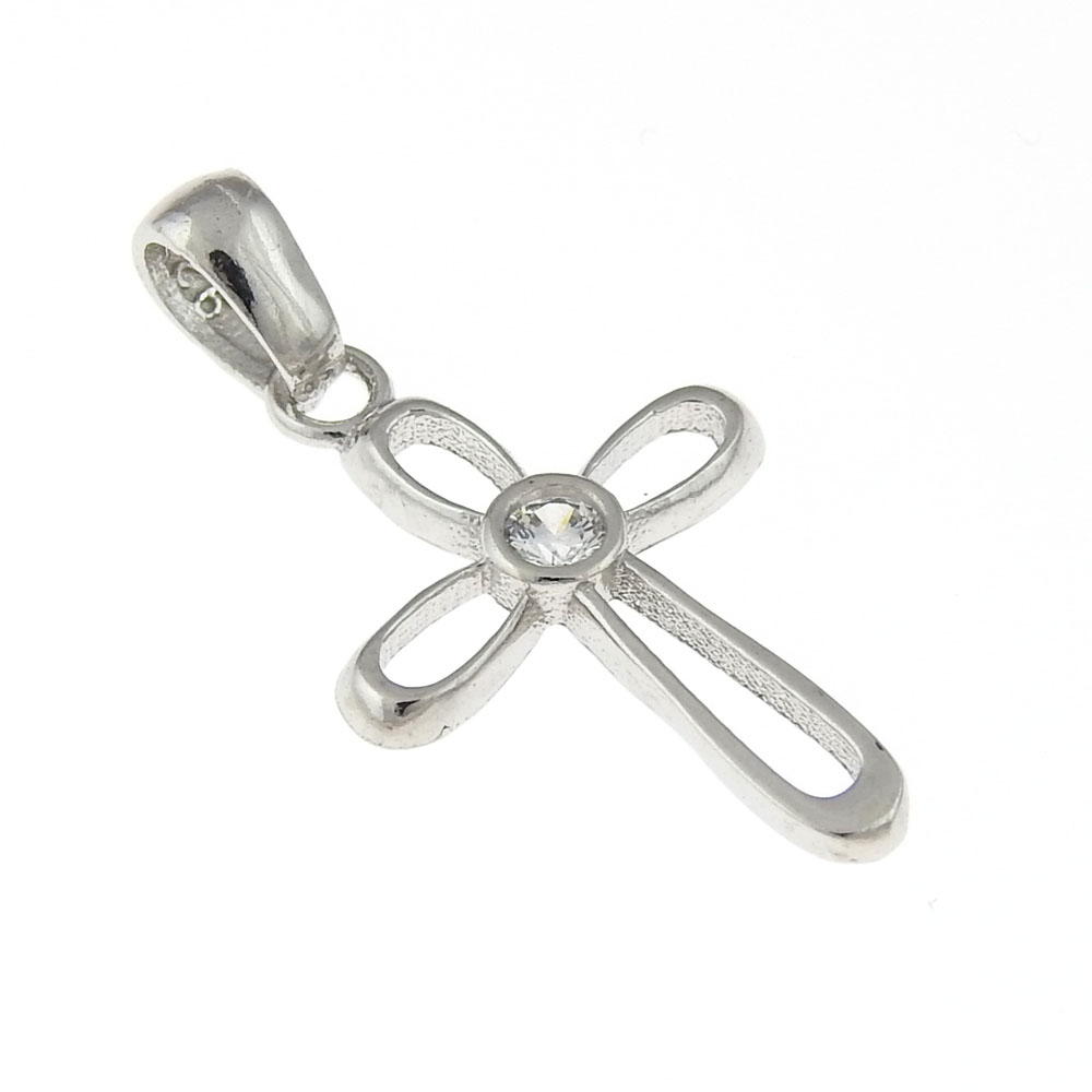 Cross pendant with crystal, silver 925 rhodium-plated