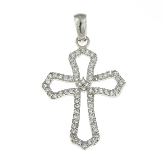 Cross pendant with crystals, silver 925 rhodium-plated