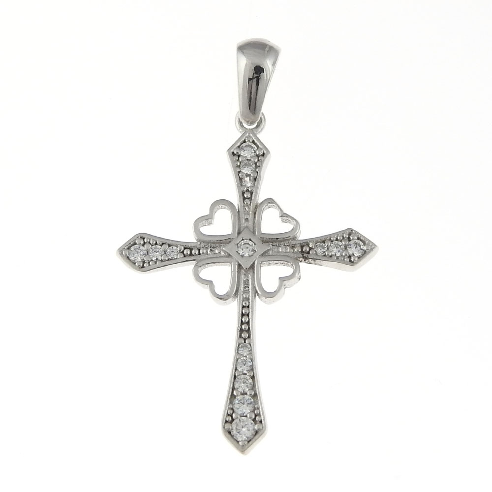 Cross pendant with clovers and crystals, rhodium-plated 925 silver
