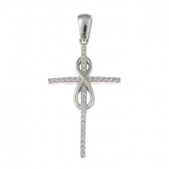 Cross pendant with infinity and crystals, rhodium-plated 925 silver