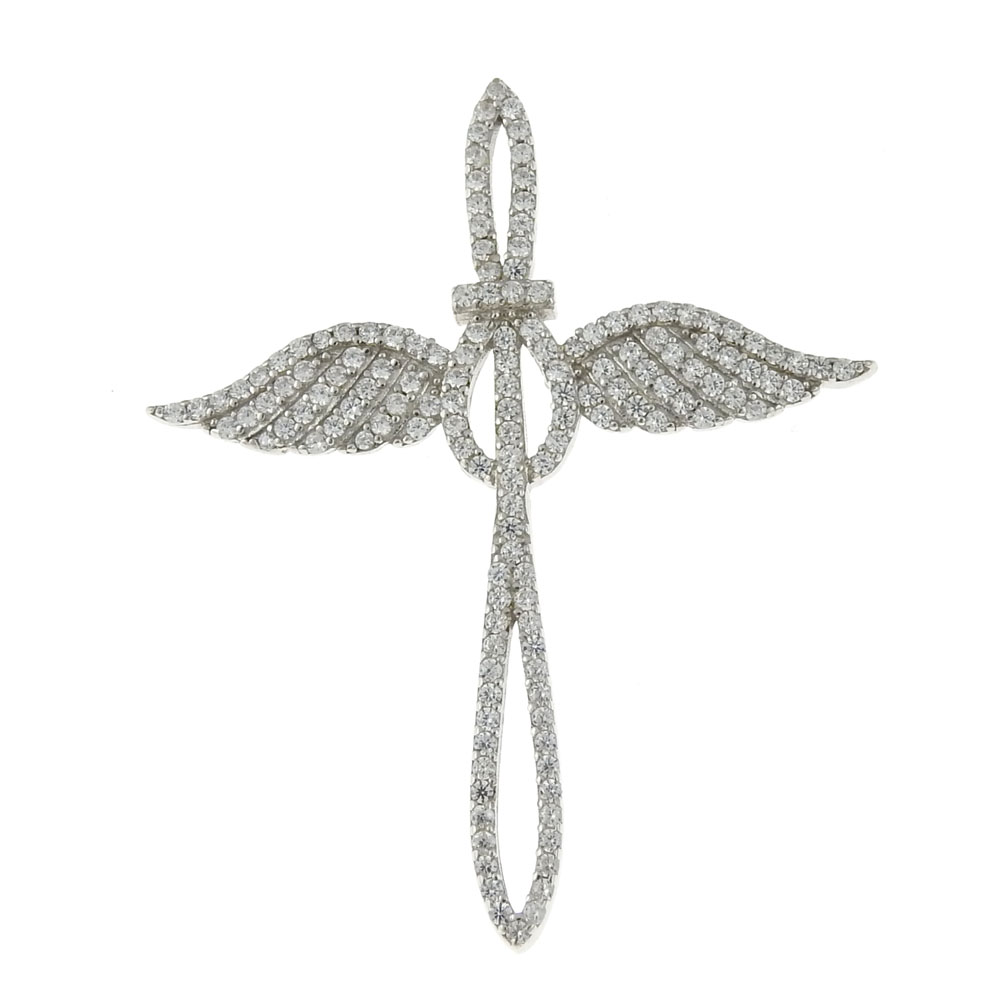 Cross pendant with angel wings and crystals, rhodium-plated 925 silver