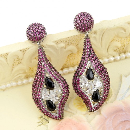 Fuchsia teardrop earrings with crystals, rhodium-plated 925 silver