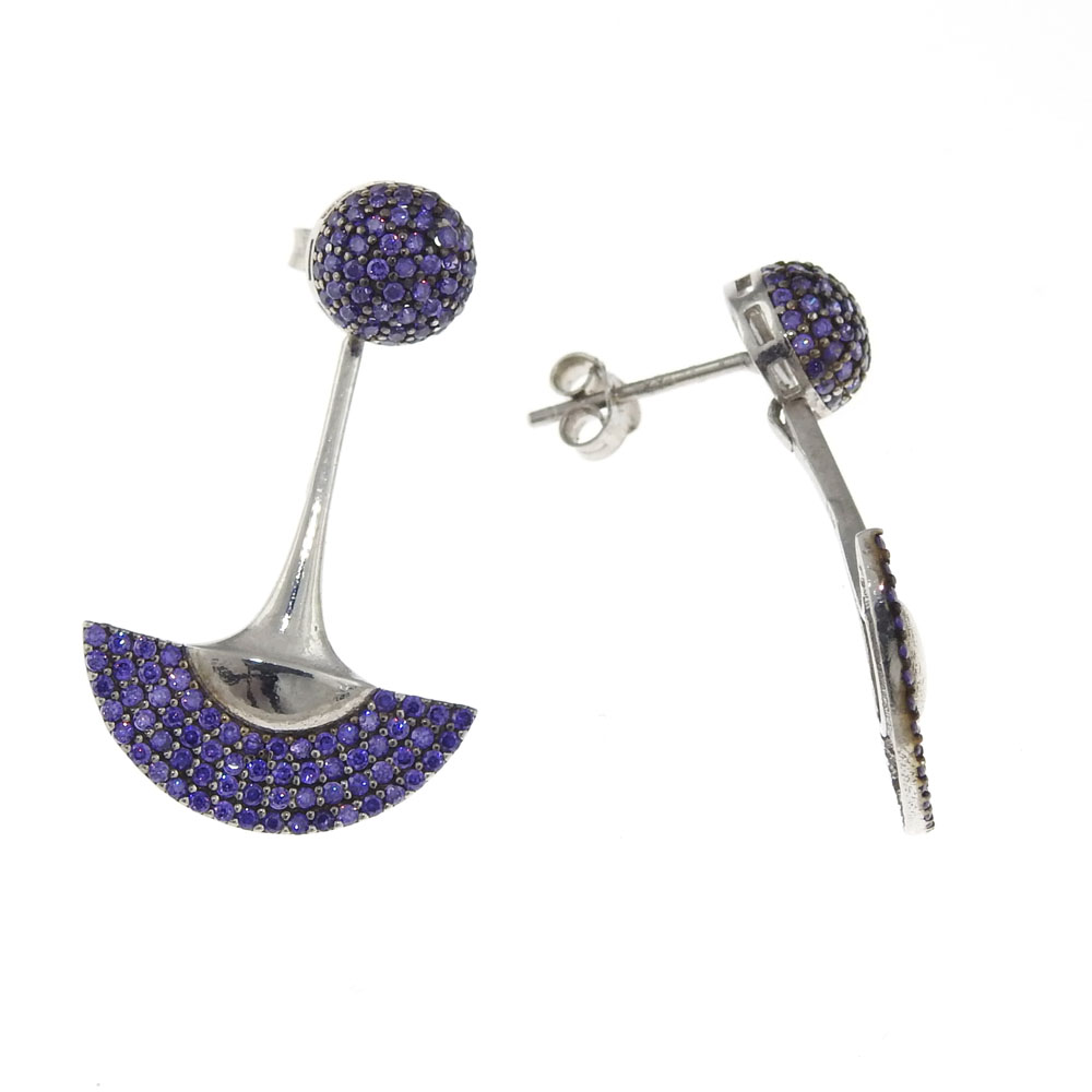 Purple fan earrings with crystals, rhodium-plated 925 silver