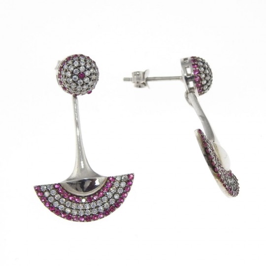 Fuchsia fan earrings with crystals, rhodium-plated 925 silver
