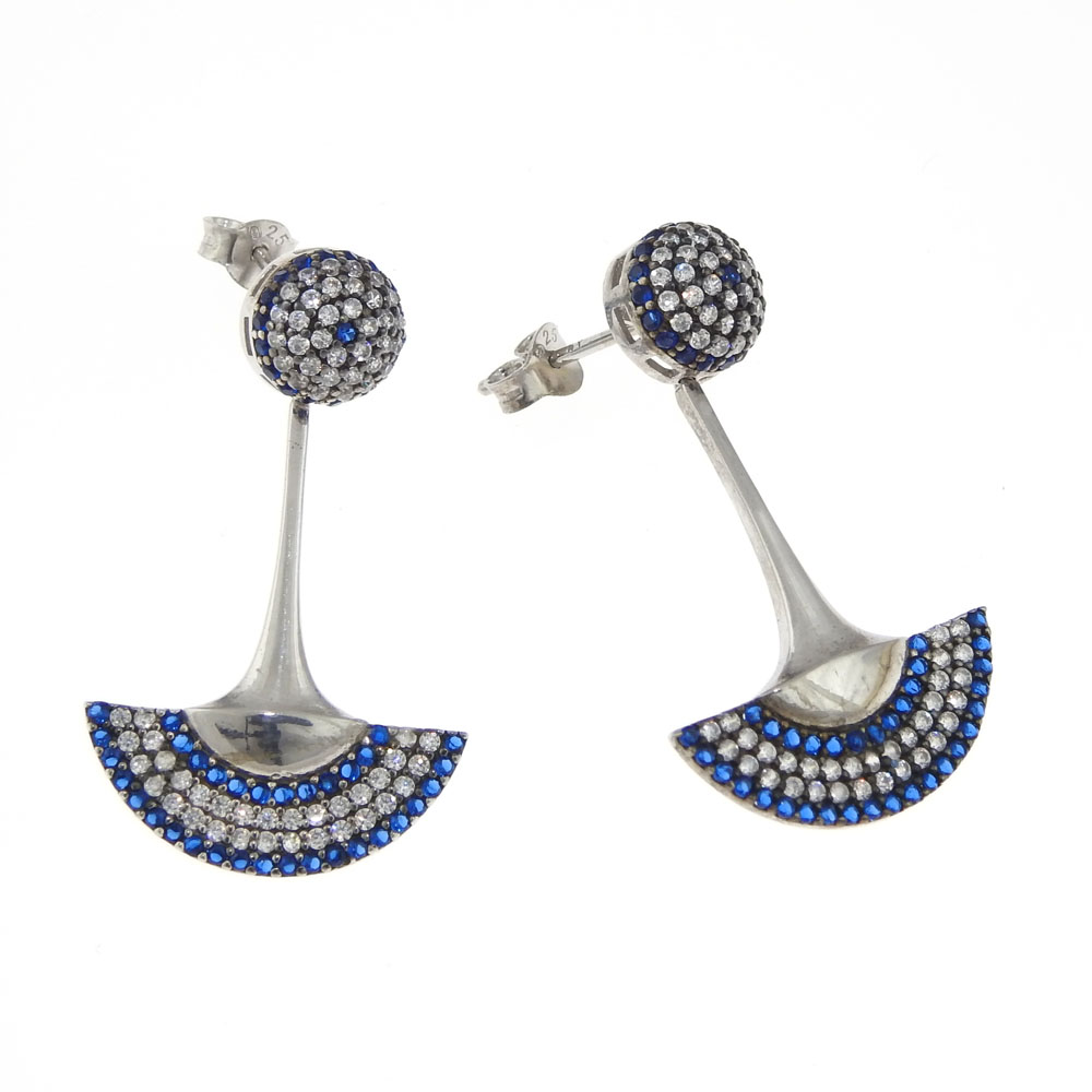Denim blue fan earrings with crystals, rhodium-plated 925 silver