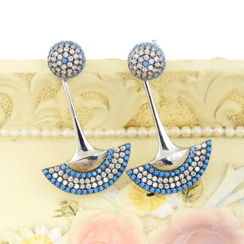 Turquoise fan earrings with crystals, rhodium-plated 925 silver