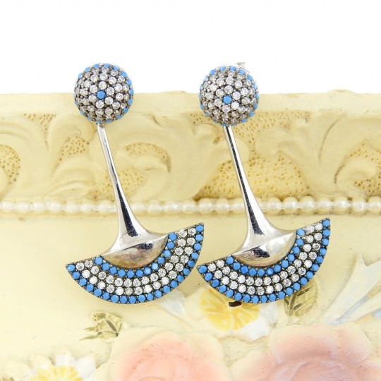 Turquoise fan earrings with crystals, rhodium-plated 925 silver