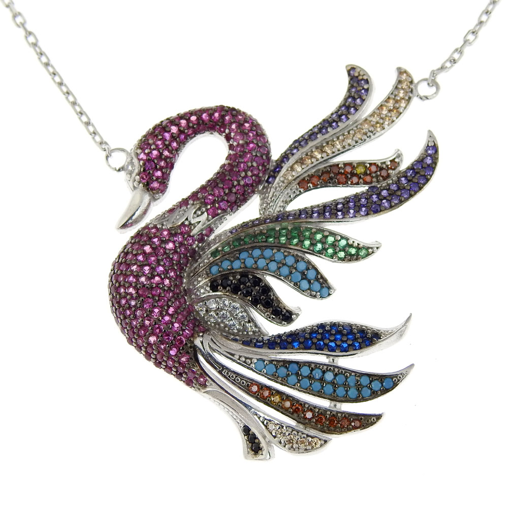 Fuchsia swan necklace with crystals, rhodium-plated 925 silver