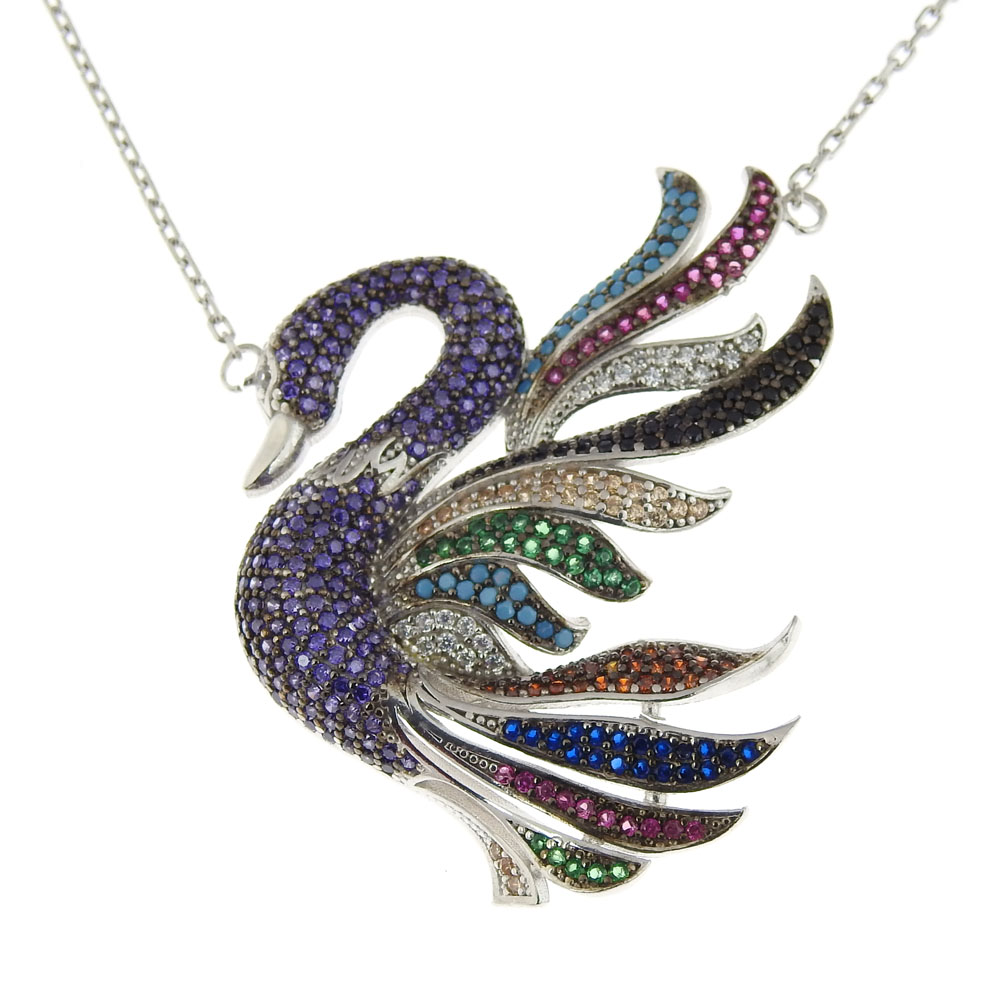 Tanzanite swan necklace with crystals, rhodium-plated 925 silver