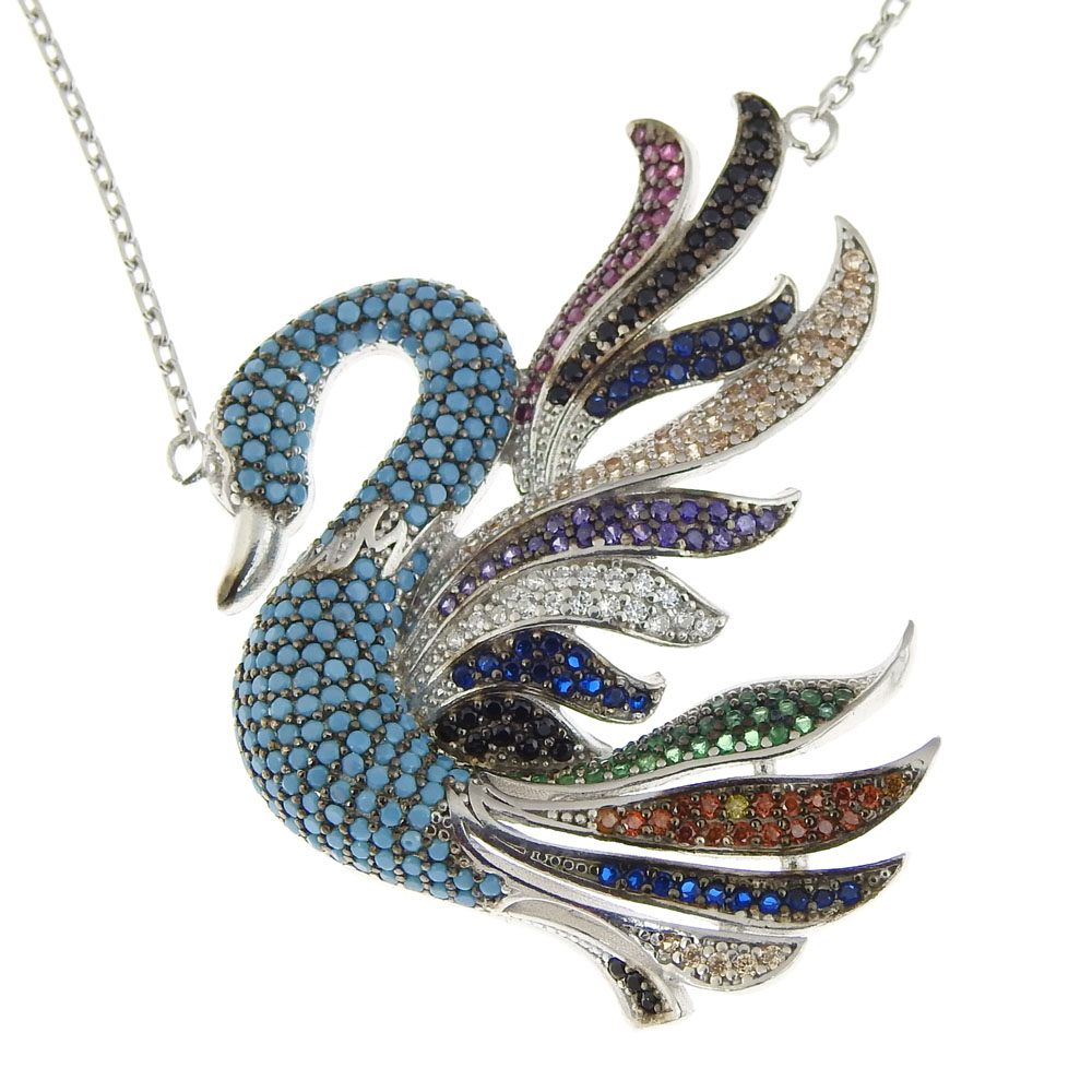 Turquoise swan necklace with crystals, rhodium-plated 925 silver