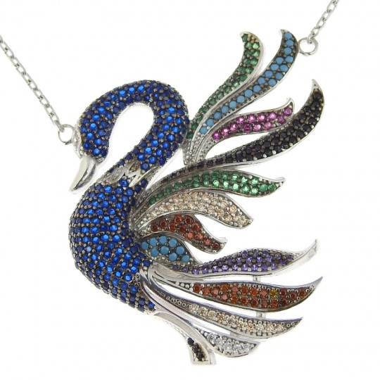 Royal blue swan necklace with crystals, rhodium-plated 925 silver