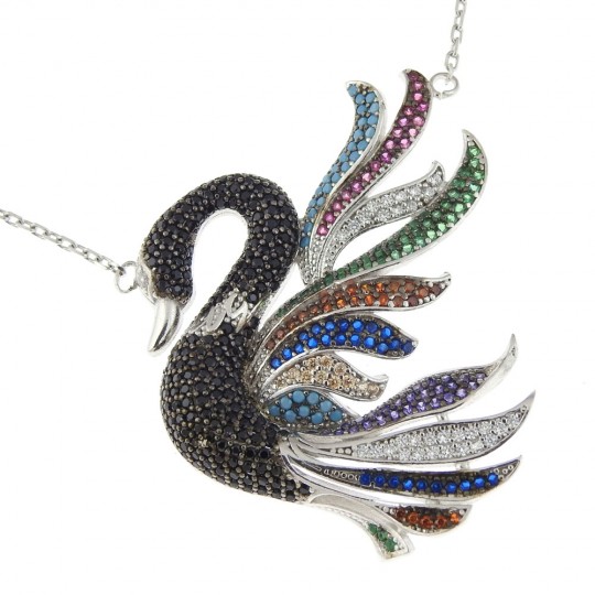 Jet black swan necklace with crystals, rhodium-plated 925 silver