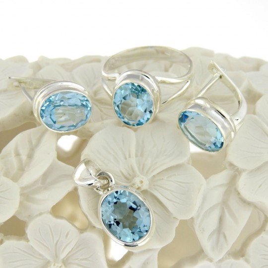 Set Blue Topaz earrings, ring, pendant, silver 925