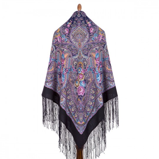 Premium shawl Autumn Bells, wool, indigo - 148x148cm