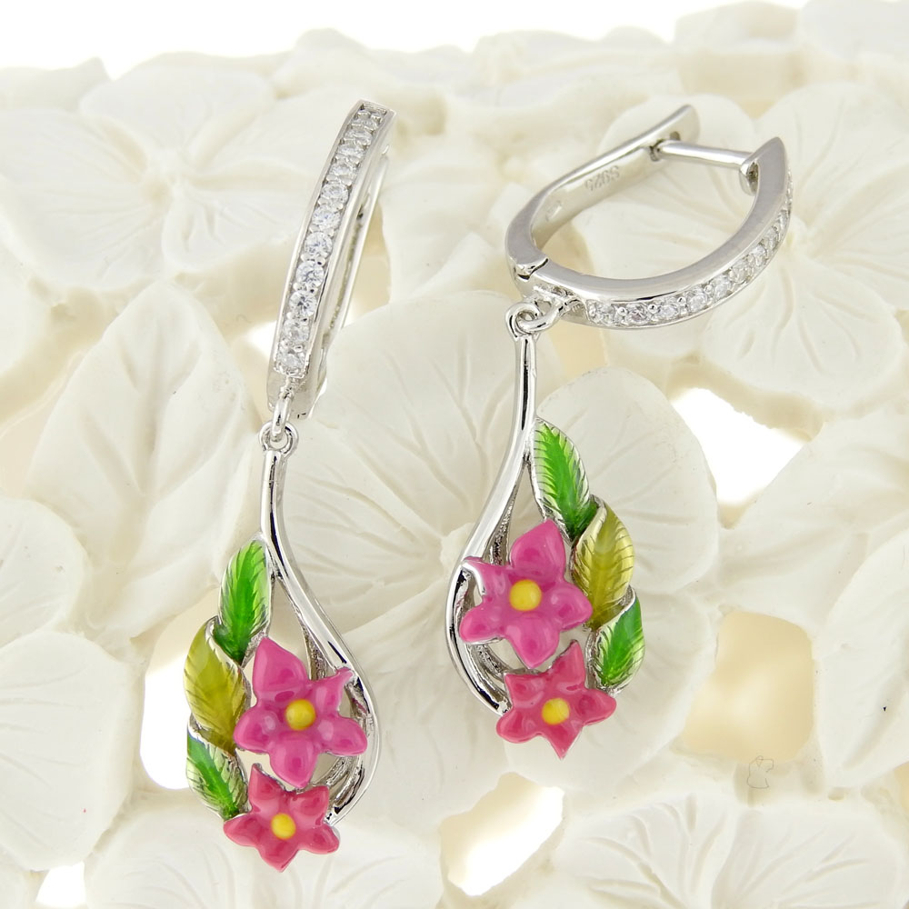 Drop earrings with flowers in rhodium-plated silver 925