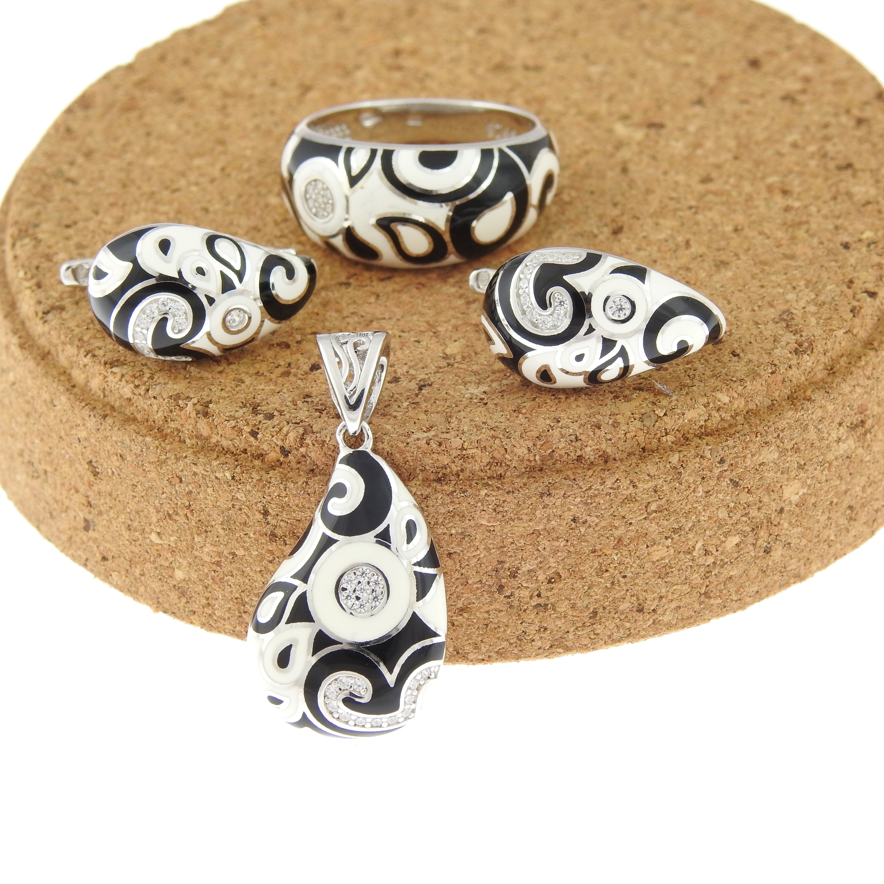 Set Fancy drop earrings, ring, pendant, silver 925 rhodium-plated