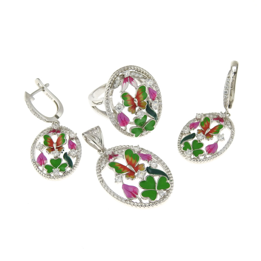 Set Summer bouquet earrings, ring, pendant, 925 rhodium-plated silver