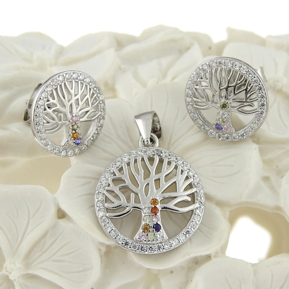 Set of tree of life earrings, pendant, silver 925 rhodium-plated
