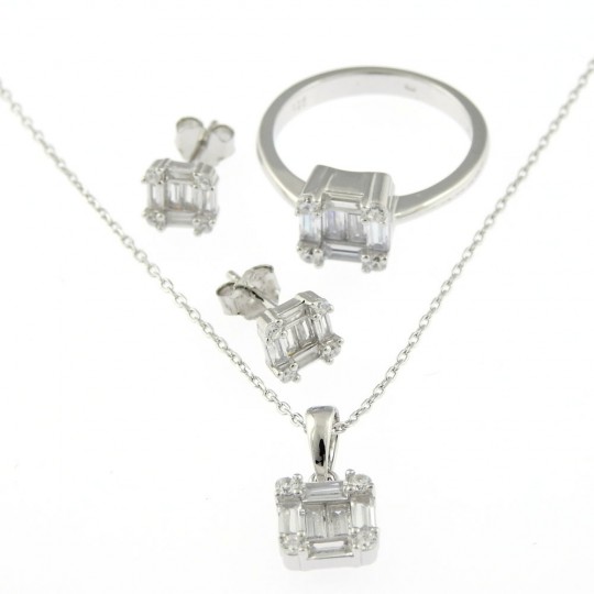 Square set, necklace with pendant, earrings, ring, rhodium-plated silver 925