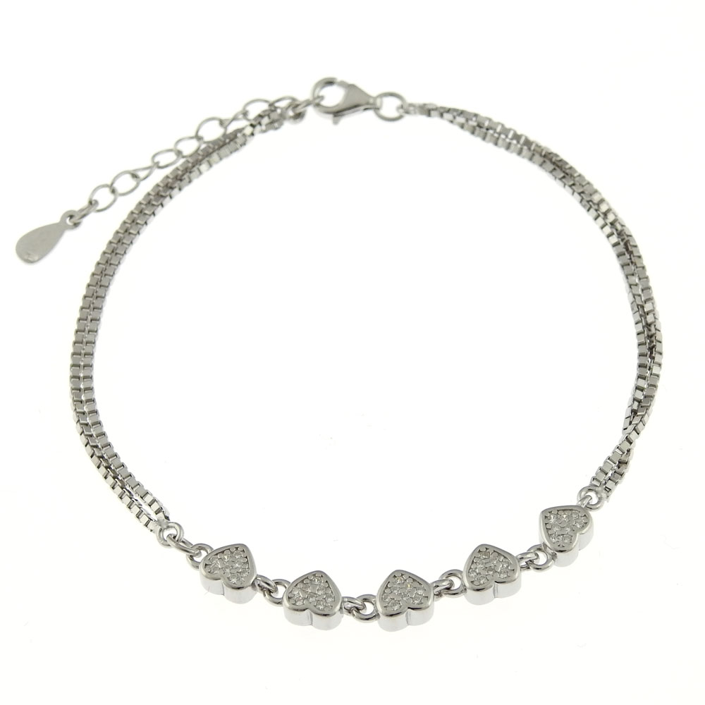 Bracelet with 5 heart charms with crystals, rhodium-plated 925 silver