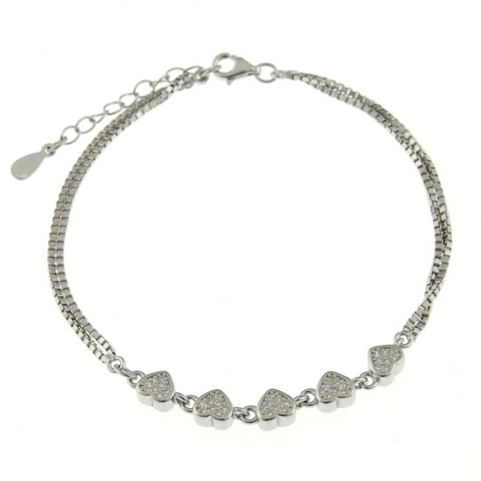Bracelet with 5 heart charms with crystals, rhodium-plated 925 silver