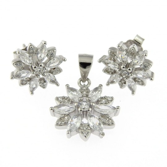 Daisy earrings set, pendant, silver 925 rhodium-plated
