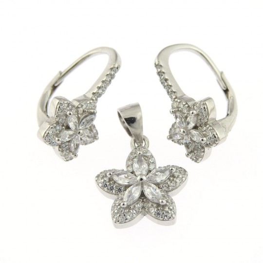 Flower earring set, pendant, silver 925 rhodium-plated