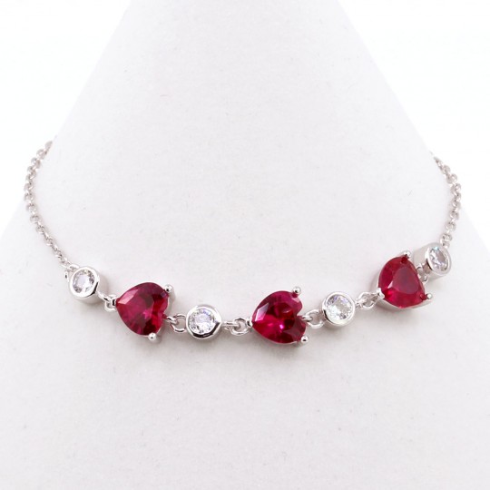 Bracelet with heart crystals, fuchsia, rhodium-plated 925 silver