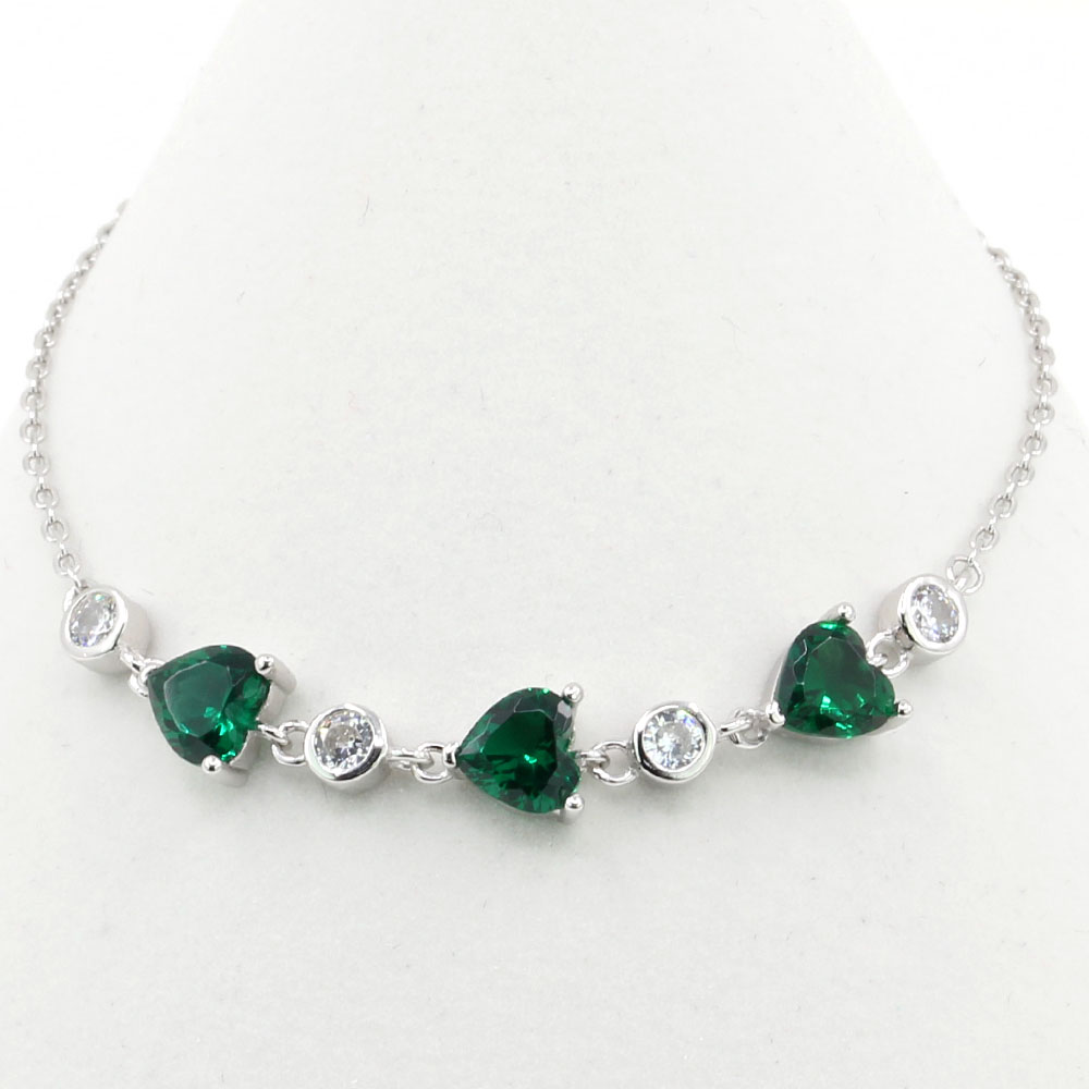 Bratara cu cristale inima, verde smarald, argint 925 rodiat