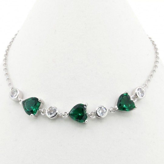Bratara cu cristale inima, verde smarald, argint 925 rodiat