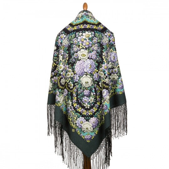 Premium shawl Pavlovoposadskiy, wool, green- 148x148cm