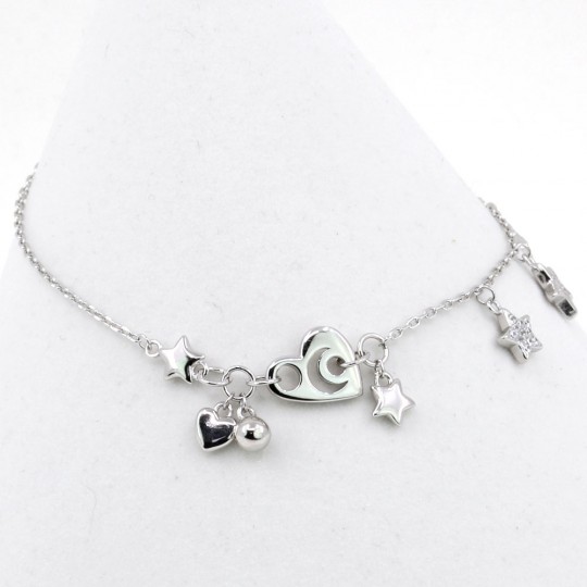 Bracelet with stars and hearts, rhodium-plated 925 silver