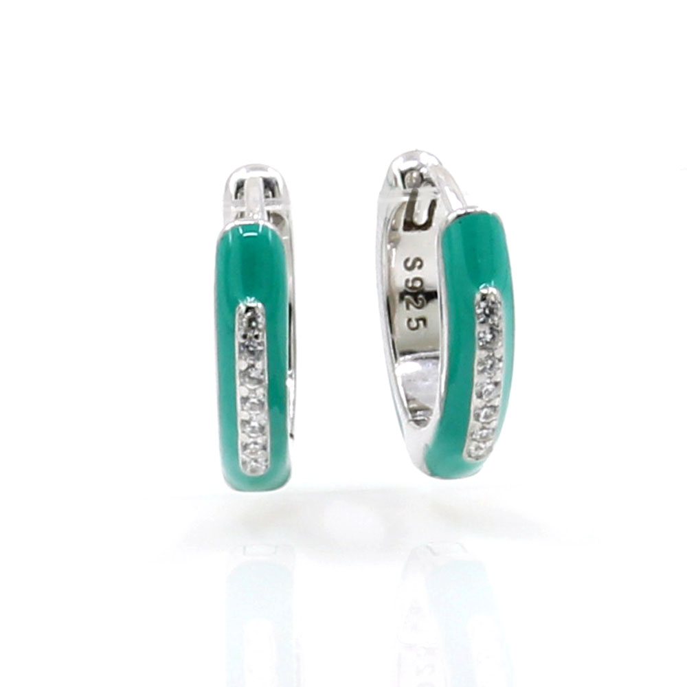 Small hoops mint green enamel earrings, rhodium-plated 925 silver, 15mm