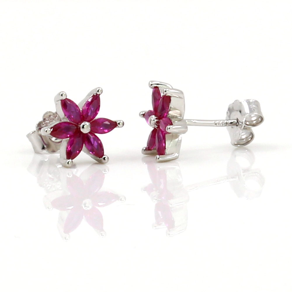 Corner flower earrings with rhodium-plated silver 925 crystals, fuchsia