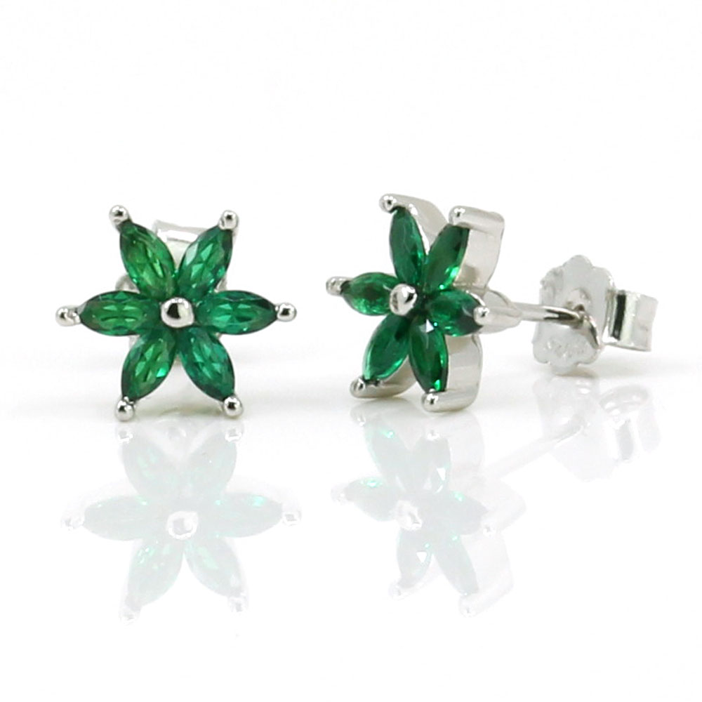 Corner flower earrings with rhodium-plated silver 925 crystals, emerald