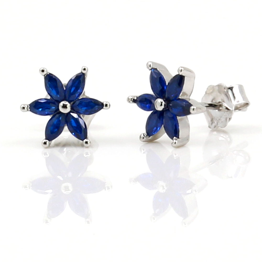 Corner flower earrings with rhodium-plated silver 925 crystals, capri blue
