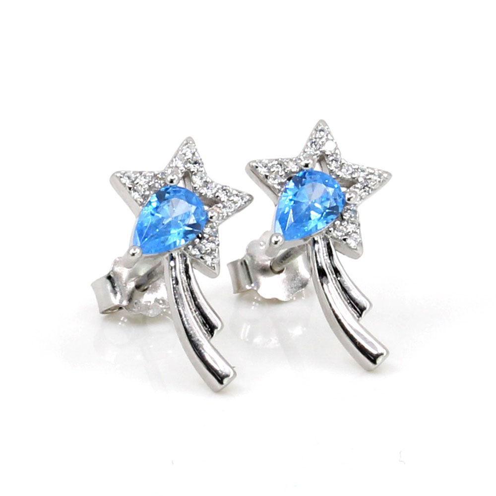 Star earrings with rhodium-plated silver 925 crystals, aquamarine